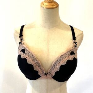 Victoria's Secret Push Up Bra 36D Black Pink Lace Padded Underwire